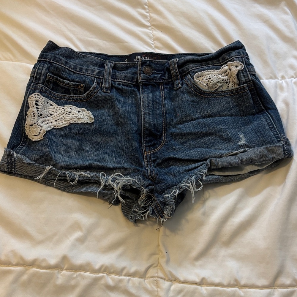 Hollister Dark Blue Denim short short high rise Shorts with Cream Crochet Insets